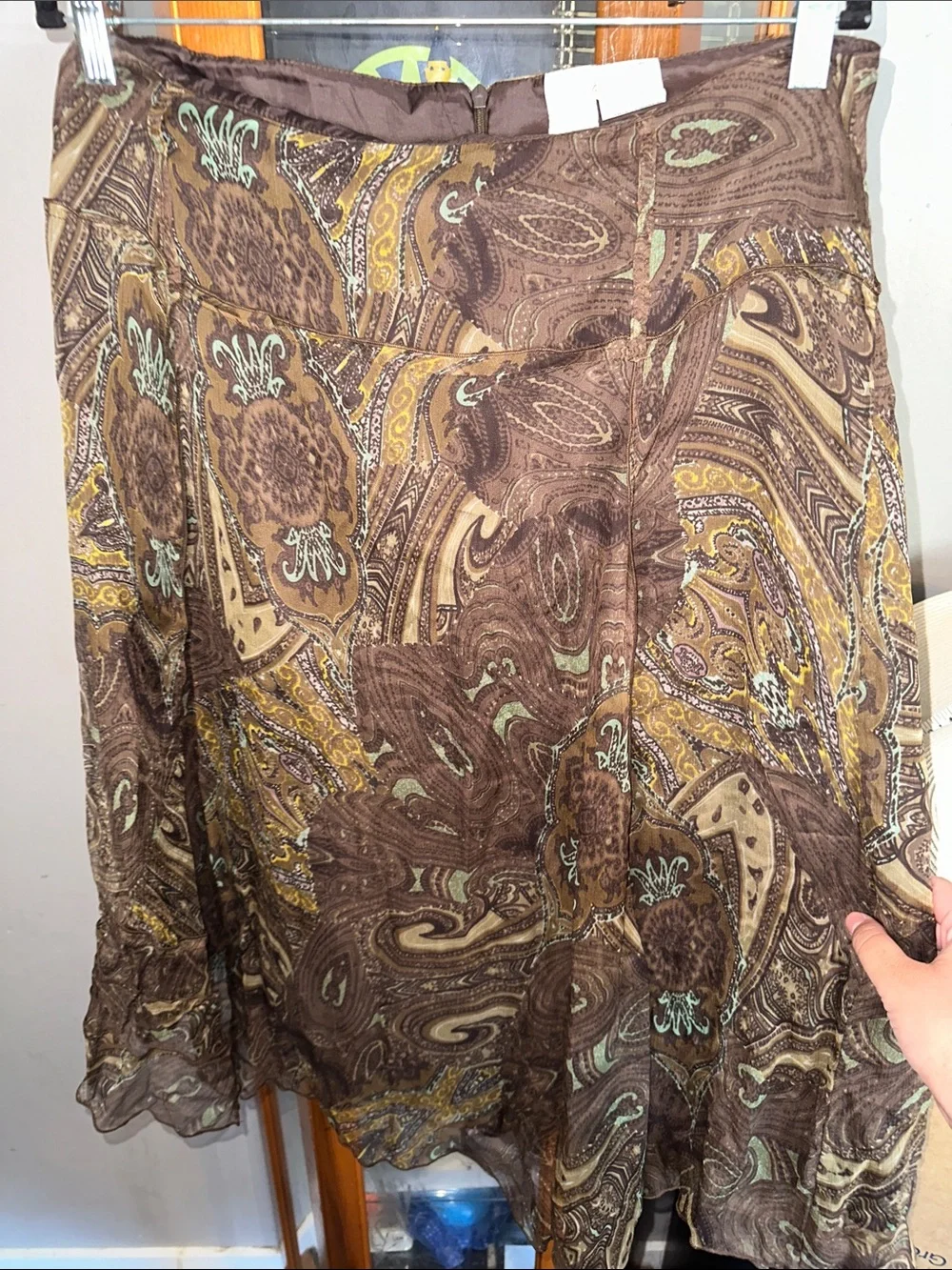 Brown Paisley A-Line Skirt with Mint Accents